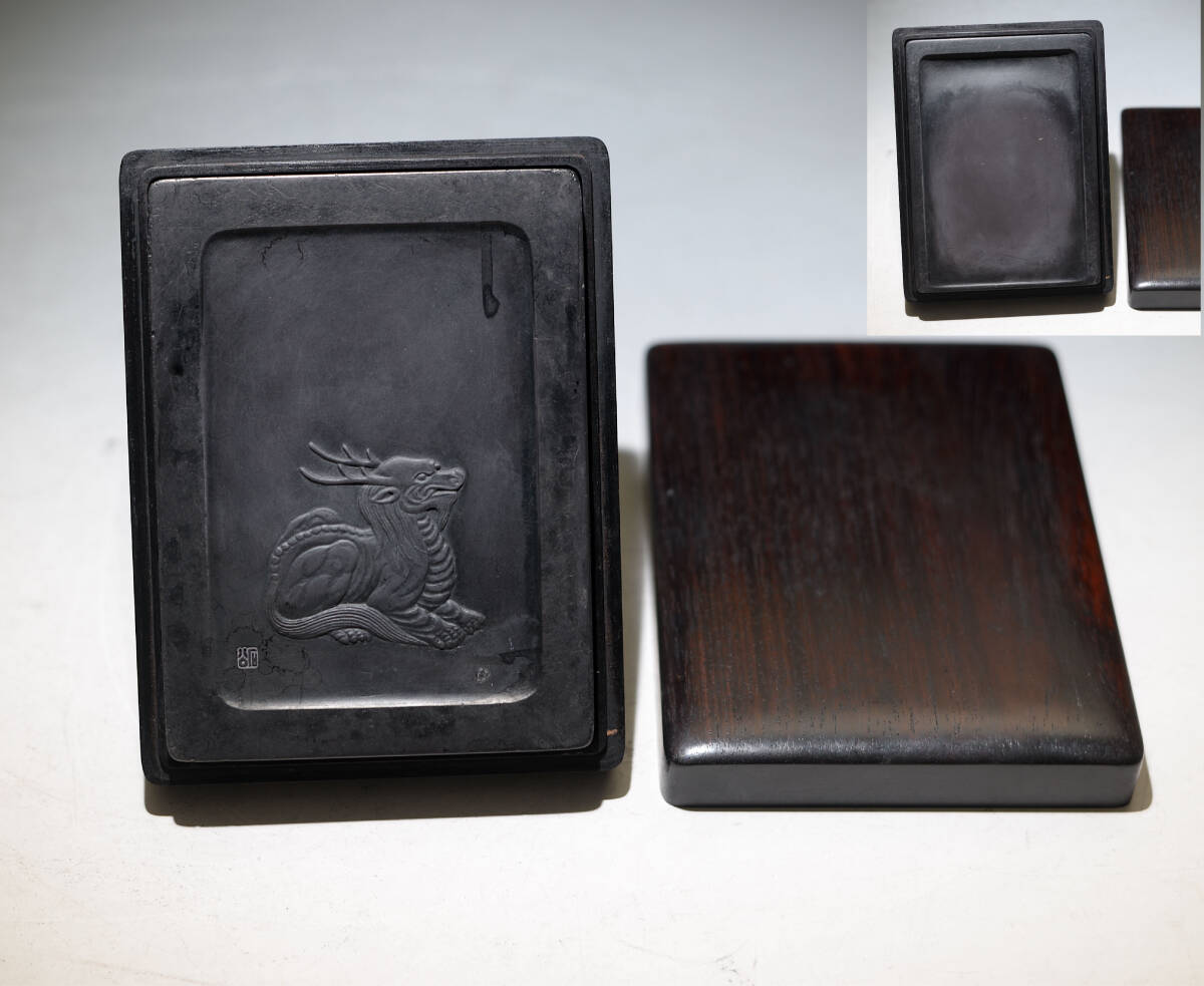 K中国美術 時代 緑屋*5□ 中国古玩 端渓硯 蓋台付