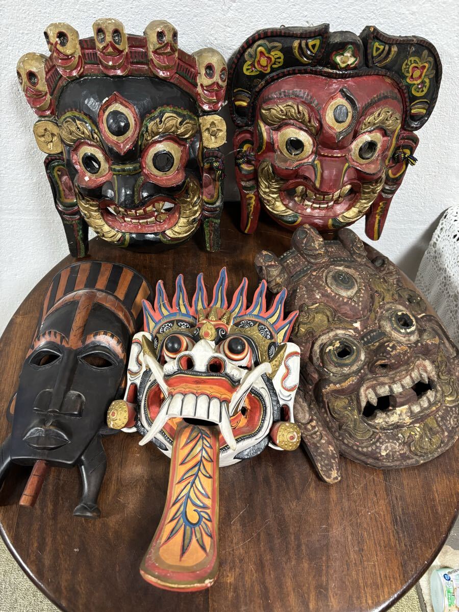 木彫のお面 5個セット ネパール バリ アフリカ 壁掛け マスク 仮面