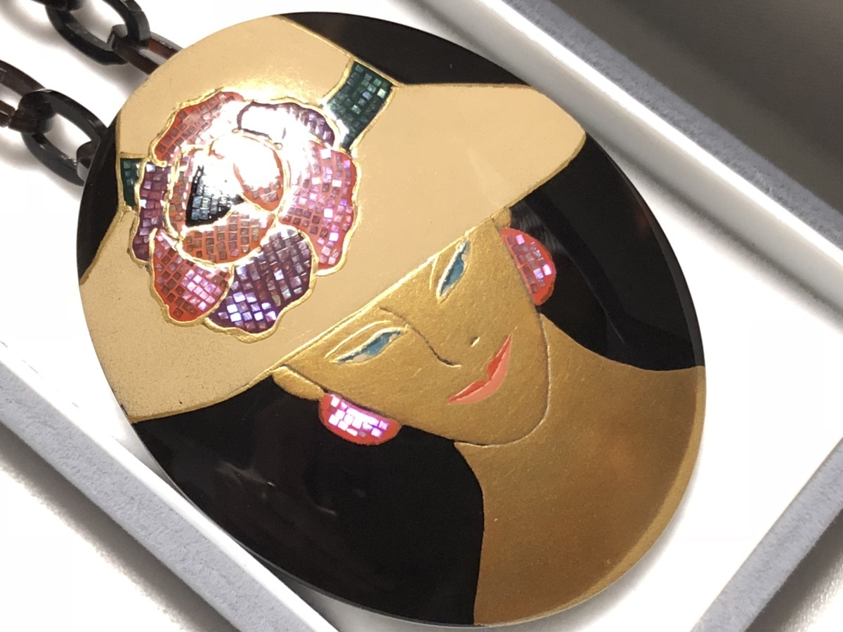 vintage】川崎川光作家もの螺鈿細工本鼈甲ブローチペンダント